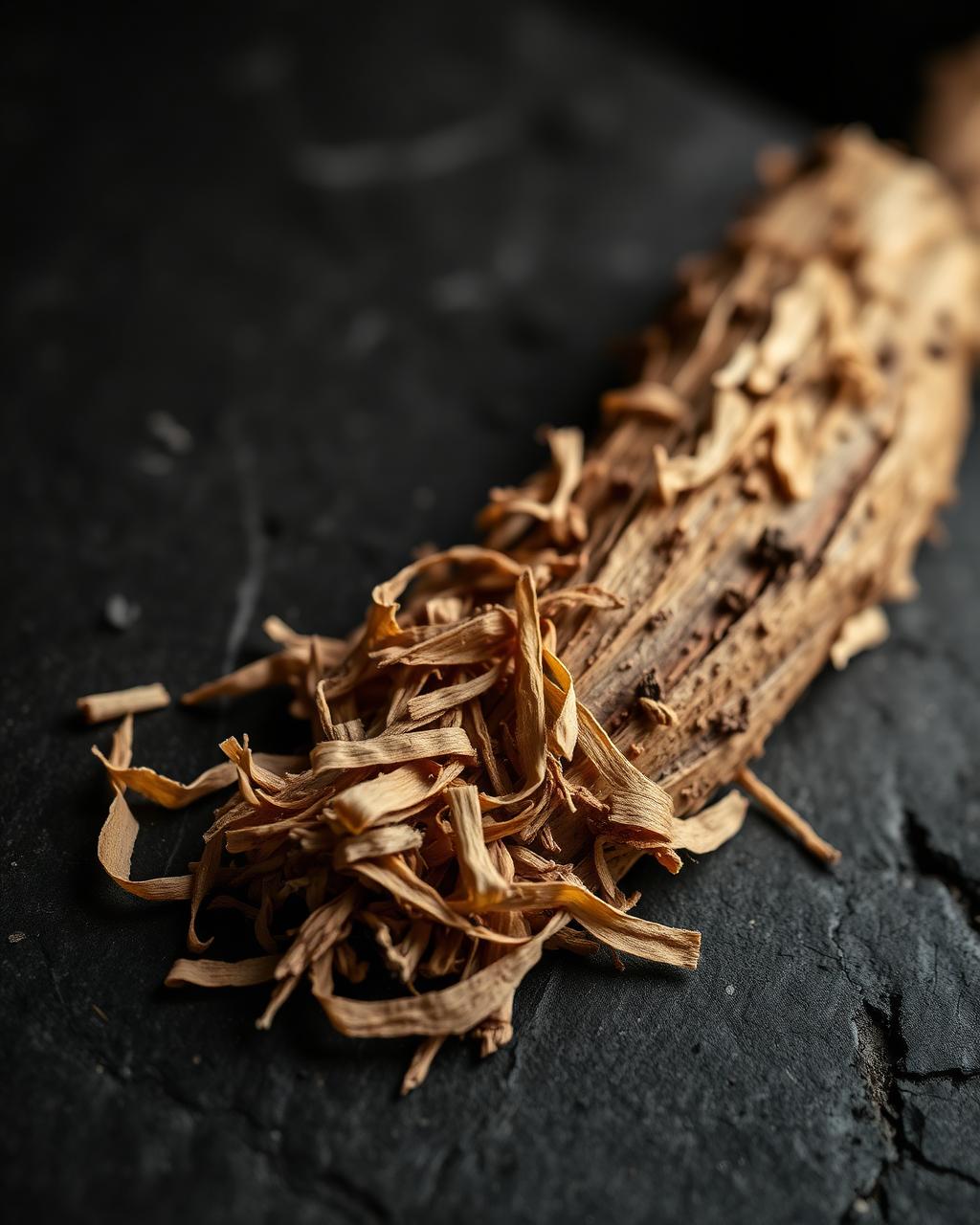 Dried iboga root bark shavings on a dark stone surface