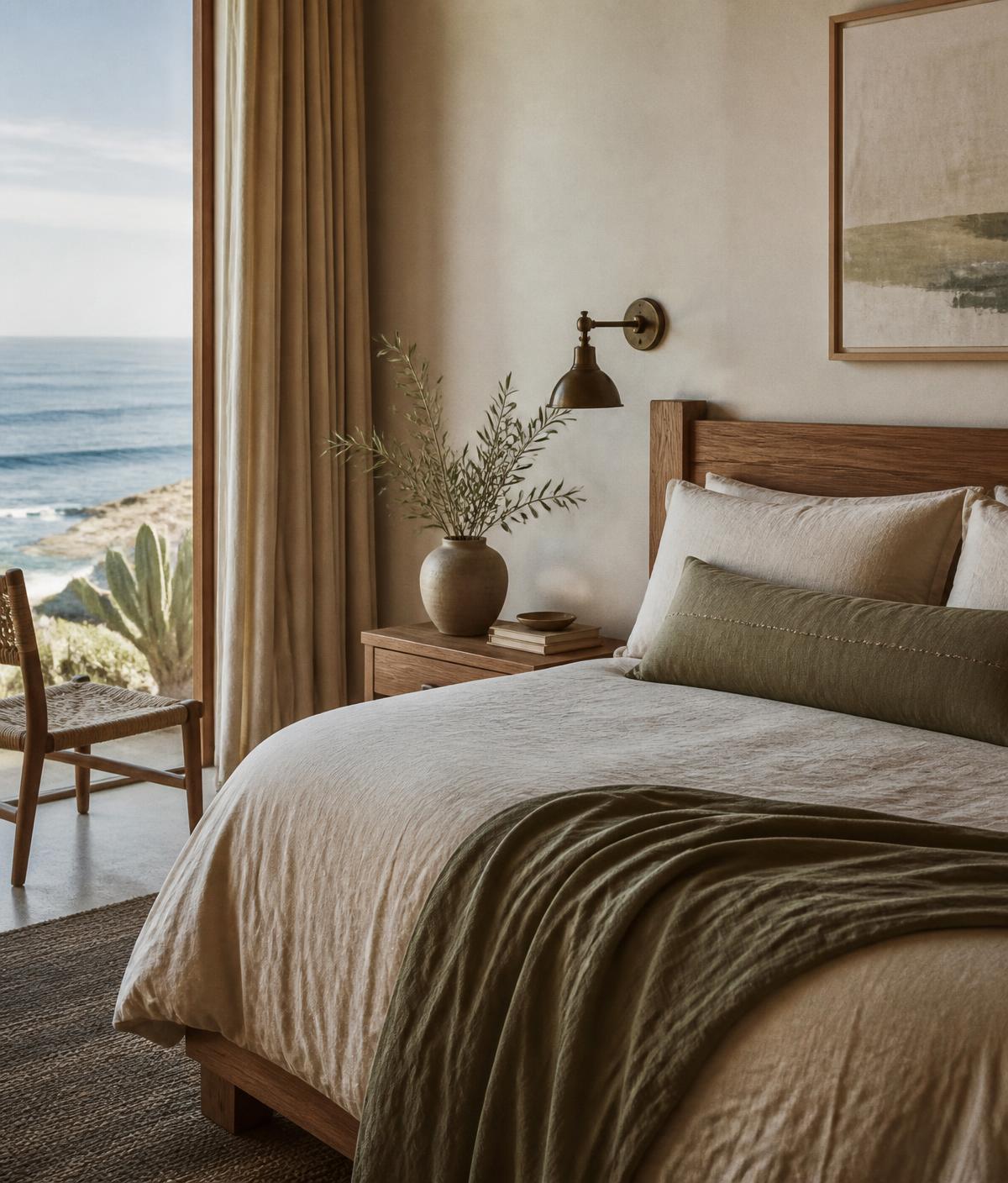 A guest room in the residence with linen bedding and an open window facing the Pacific
